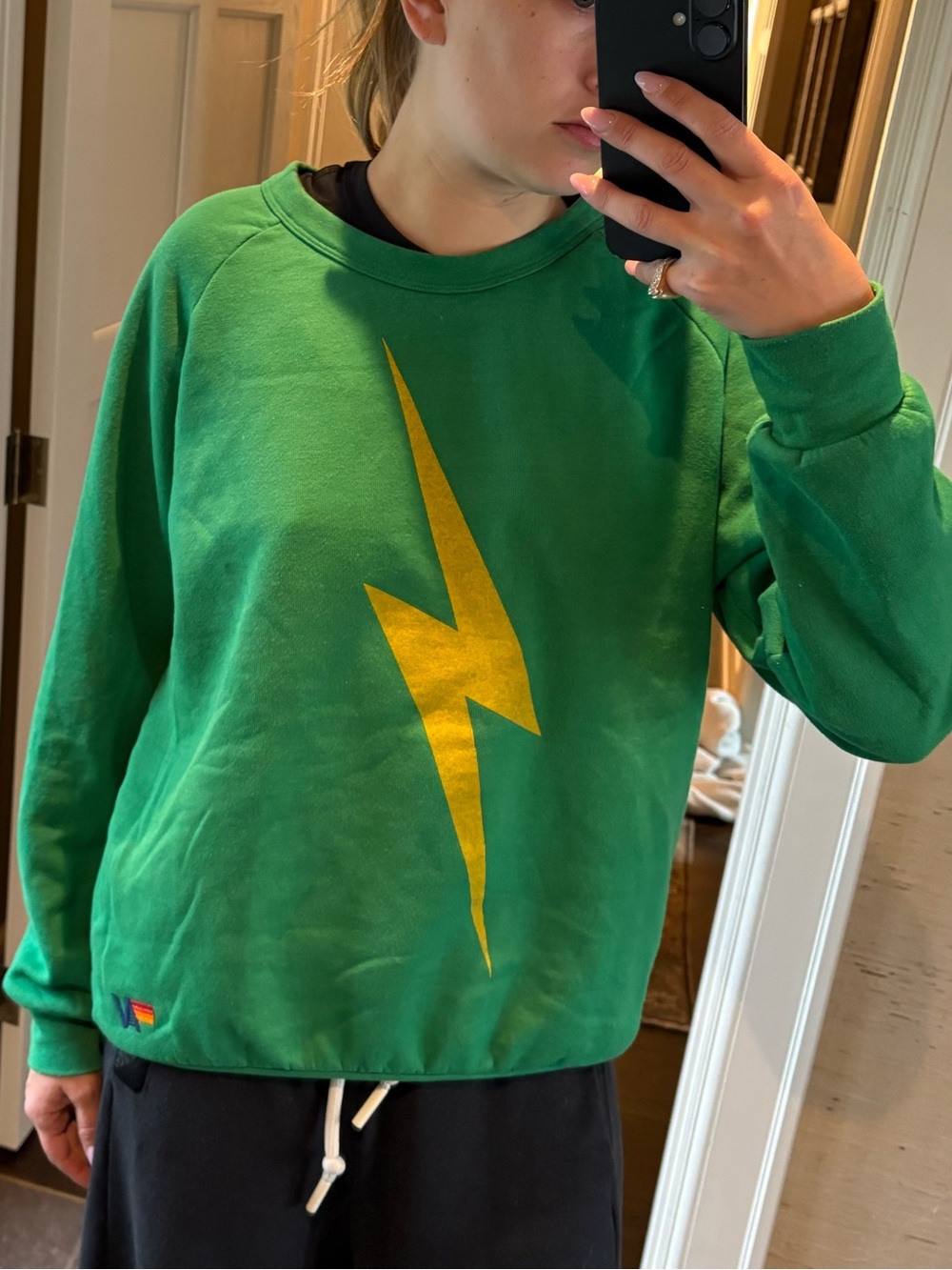 Aviator Nation Green Crewneck with Yellow Bolt